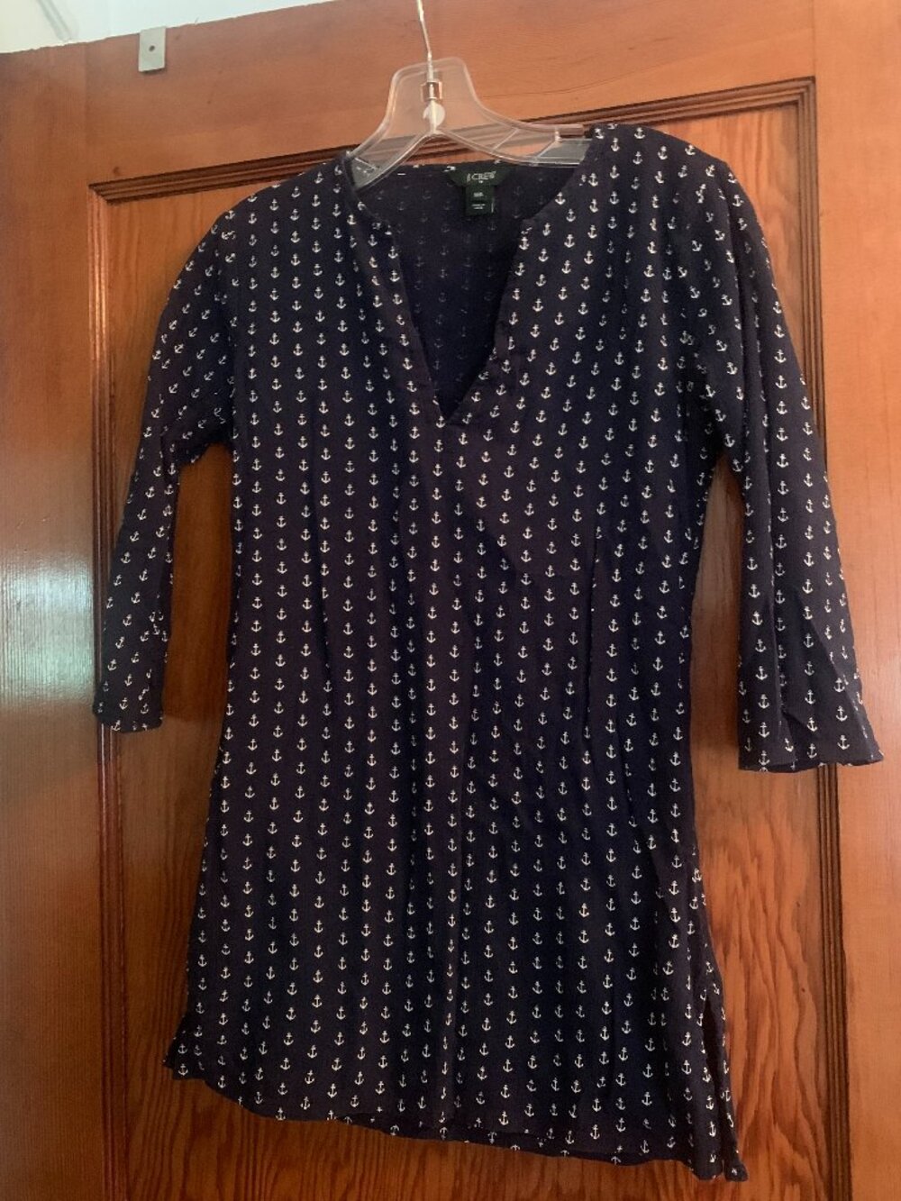 J.Crew Navy Blue White Nautical Anchor Print Split V-Neck Tunic Top Cover Up XXS